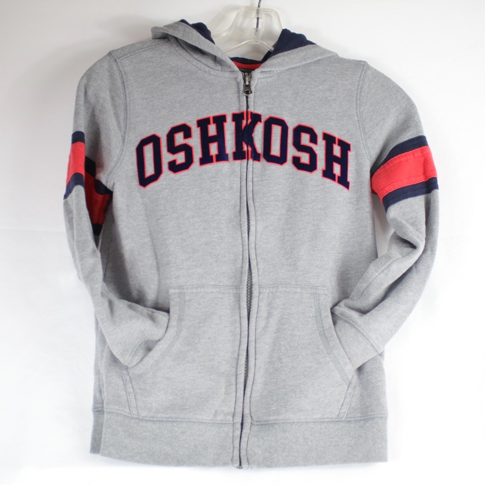 OshKosh B'Gosh Gray Blue & Red Long Sleeve Zip Up Hoodie Sweater Kids Size 10‎